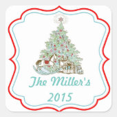 ヴィンテージクリスマスツリーのステッカーラベル スクエアシール (正面)
