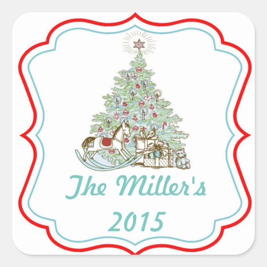 ヴィンテージクリスマスツリーのステッカーラベル スクエアシール (正面)
