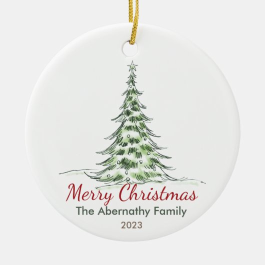 ヴィンテージクリスマスツリーの家族の名前と年 セラミックオーナメント (正面)