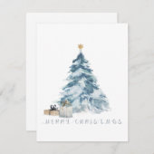 ヴィンテージクリスマスツリーの水色金ゴールド星 シーズンカード (正面/裏面)