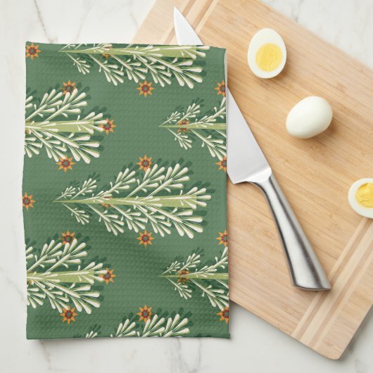 ヴィンテージクリスマスツリーイラストレーションパターン キッチンタオル (四つ折り)