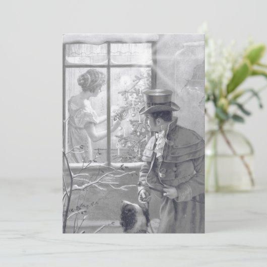 ヴィンテージクリスマスツリーカップル犬の窓のスケッチ シーズンカード (スタンド正面)