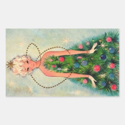 ヴィンテージクリスマスツリーガール 長方形シール (正面)