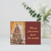 ヴィンテージクリスマスツリークラシックインクリムゾンレッドトリム シーズンポストカード (スタンド正面)