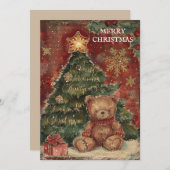 ヴィンテージクリスマスツリーテディベアレッドグリーン シーズンカード (正面/裏面)