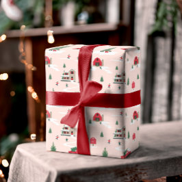 ヴィンテージクリスマスツリーファーム風景モノグラムラップ ラッピングペーパー