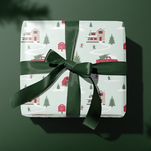 ヴィンテージクリスマスツリーファーム風景モノグラム ラッピングペーパー