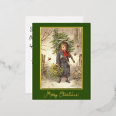 ヴィンテージクリスマスツリーベビーガールグリーナリー 箔シーズンポストカード (正面/裏面)
