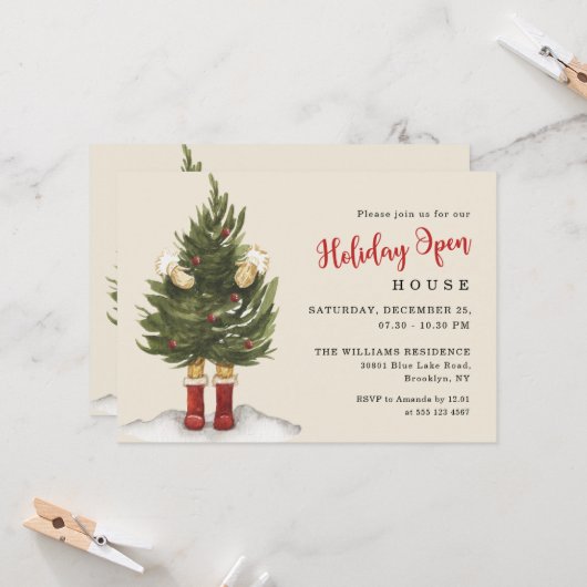 ヴィンテージクリスマスツリーホリデーオープンハウス 招待状 (正面/裏面インサイチュ)