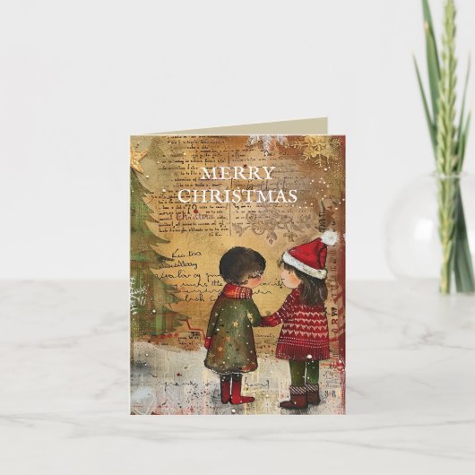 ヴィンテージクリスマスツリー子供たち冬の雪 シーズンカード (正面)