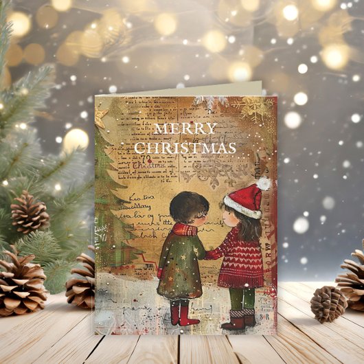 ヴィンテージクリスマスツリー子供たち冬の雪 シーズンカード