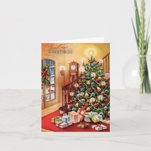 ヴィンテージクリスマスツリー暖炉のシーン シーズンカード (正面)