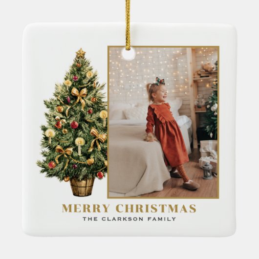 ヴィンテージクリスマスツリー金ゴールドメリークリスマスフォト セラミックオーナメント (裏面)
