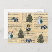 ヴィンテージクリスマスツリー雪だるまミュージックホリデイ シーズンポストカード (正面/裏面)