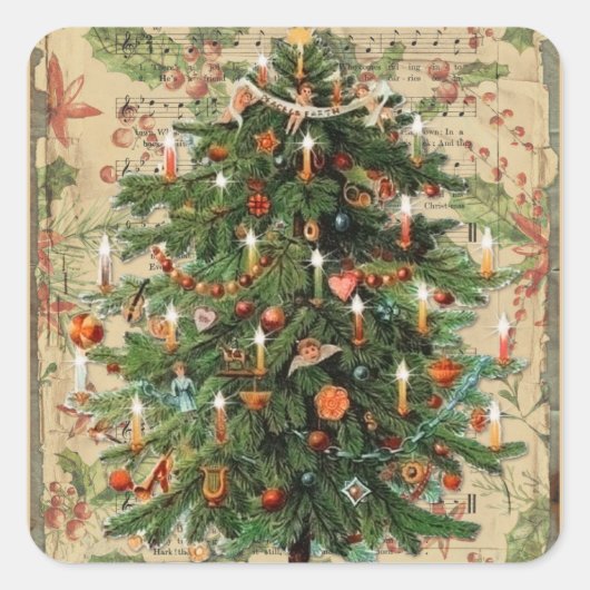 ヴィンテージクリスマスツリー音楽 スクエアシール (正面)