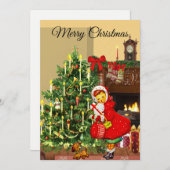 ヴィンテージクリスマスツリー&ガールホリデーフラットカード シーズンカード (正面/裏面)