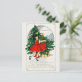 ヴィンテージクリスマスツリー、女の子とギフトホリデー シーズンポストカード (スタンド正面)