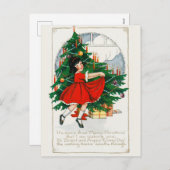 ヴィンテージクリスマスツリー、女の子とギフトホリデー シーズンポストカード (正面/裏面)