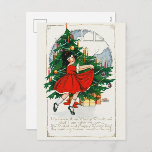 ヴィンテージクリスマスツリー、女の子とギフトホリデー シーズンポストカード (正面/裏面)