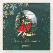 ヴィンテージクリスマスツリー,小さな女の子雪 ガラスコースター (正面)