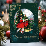 ヴィンテージクリスマスツリー，小さな女の子雪 シーズンカード<br><div class="desc">ヴィンテージのクリスマスツリー、小さな女の子、緑の背景の雪の結晶は、この友人や家族のための完璧なクリスマスまたは休日のグリーティングカードを作る。</div>