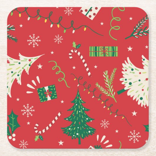 ヴィンテージクリスマスツリー:装飾デザイン。 スクエアペーパーコースター (正面)