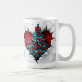 ヴィンテージクリスマスツリー、赤/ティール（緑がかった色） – 白いハンドル コーヒーマグカップ