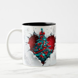 ヴィンテージクリスマスツリー、赤/ティール（緑がかった色） – 白いハンドル ツートーンマグカップ