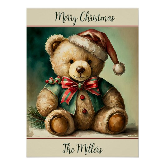 ヴィンテージクリスマステディベアパーソナライズされた ポスター (正面)