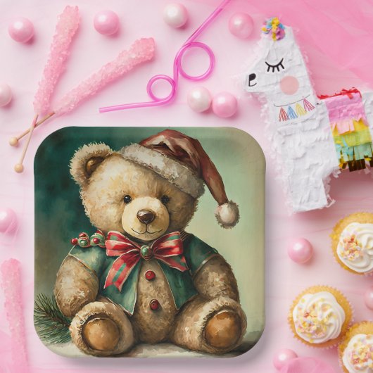 ヴィンテージクリスマステディベア ペーパープレート (パーティー)