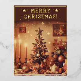ヴィンテージクリスマステーマグリーッ素朴トツリーピック 箔シーズンポストカード