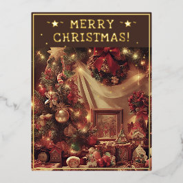 ヴィンテージクリスマステーマグリーッ素朴トツリーピック 箔シーズンポストカード