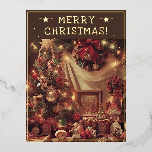 ヴィンテージクリスマステーマグリーッ素朴トツリーピック 箔シーズンポストカード (正面)