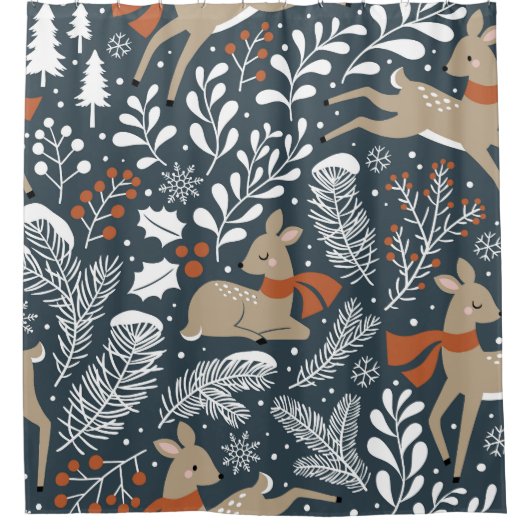 ヴィンテージクリスマスディアー、フェスティバルデザイン シャワーカーテン (正面)