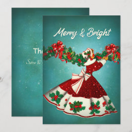 ヴィンテージクリスマスデコレーションレッドグリッターガール サンキューカード