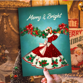 ヴィンテージクリスマスデコレーションレッドグリッターガール シーズンカード