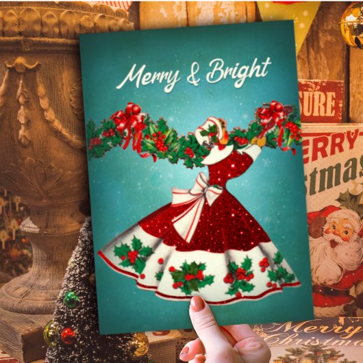 ヴィンテージクリスマスデコレーションレッドグリッターガール シーズンカード