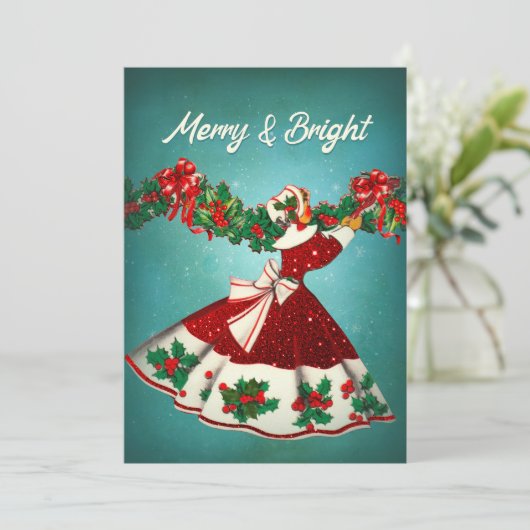 ヴィンテージクリスマスデコレーションレッドグリッターガール シーズンカード (スタンド正面)