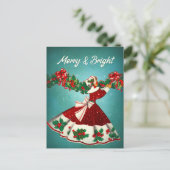 ヴィンテージクリスマスデコレーションレッドグリッターガール ポストカード (スタンド正面)