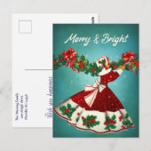 ヴィンテージクリスマスデコレーションレッドグリッターガール ポストカード (正面/裏面)