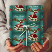 ヴィンテージクリスマスデコレーションレッドグリッターガール ラッピングペーパー