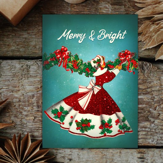 ヴィンテージクリスマスデコレーションレッドグリッターガール 招待状