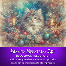 ヴィンテージクリスマスデコール 猫 デコパージュ 薄葉紙