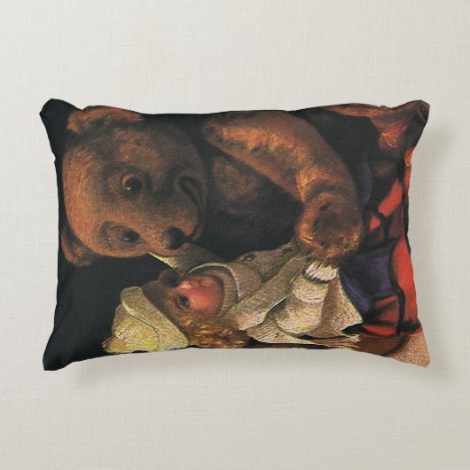 ヴィンテージクリスマストイズ、人形とテディベア アクセントクッション (正面)