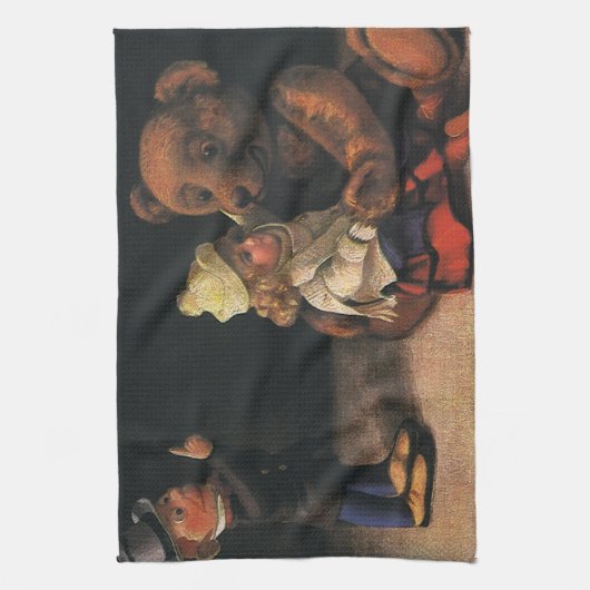 ヴィンテージクリスマストイズ、人形とテディベア キッチンタオル (縦)