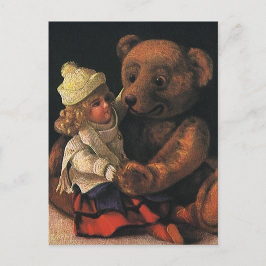 ヴィンテージクリスマストイズ、人形とテディベア シーズンポストカード (正面)