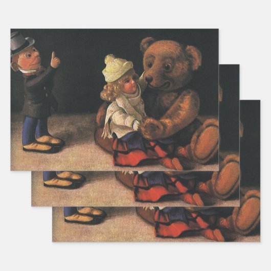 ヴィンテージクリスマストイズ、人形とテディベア ラッピングペーパーシート (セット)