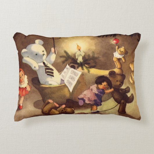 ヴィンテージクリスマストイズ、踊り人形、テディベア アクセントクッション (正面)