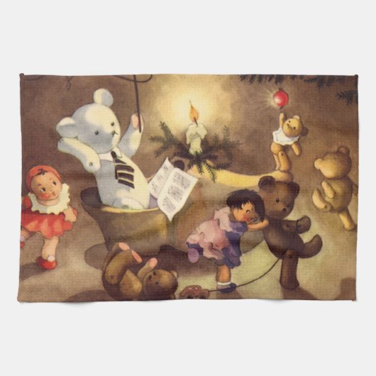 ヴィンテージクリスマストイズ、踊り人形、テディベア キッチンタオル (横)