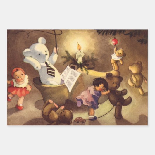 ヴィンテージクリスマストイズ、踊り人形、テディベア ラッピングペーパーシート (正面3)